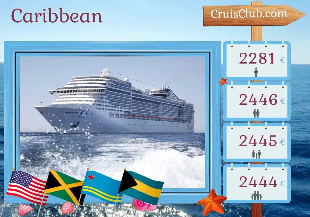 Cruise in the Caribbean from Miami aboard MSC Divina ship with visits to USA, Jamaica, Aruba, Colombia, Panama, Honduras, and Bahamas for 12 days