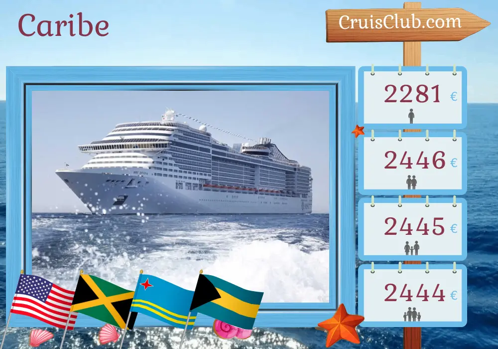 Cruzeiro no Caribe a partir de Miami a bordo do navio MSC Divina com visitas aos EUA, Jamaica, Aruba, Colômbia, Panamá, Honduras e Bahamas por 12 dias