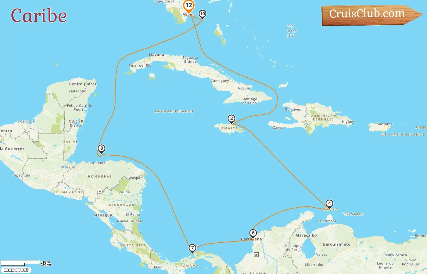 Cruzeiro no Caribe a partir de Miami a bordo do navio MSC Divina com visitas aos EUA, Jamaica, Aruba, Colômbia, Panamá, Honduras e Bahamas por 12 dias