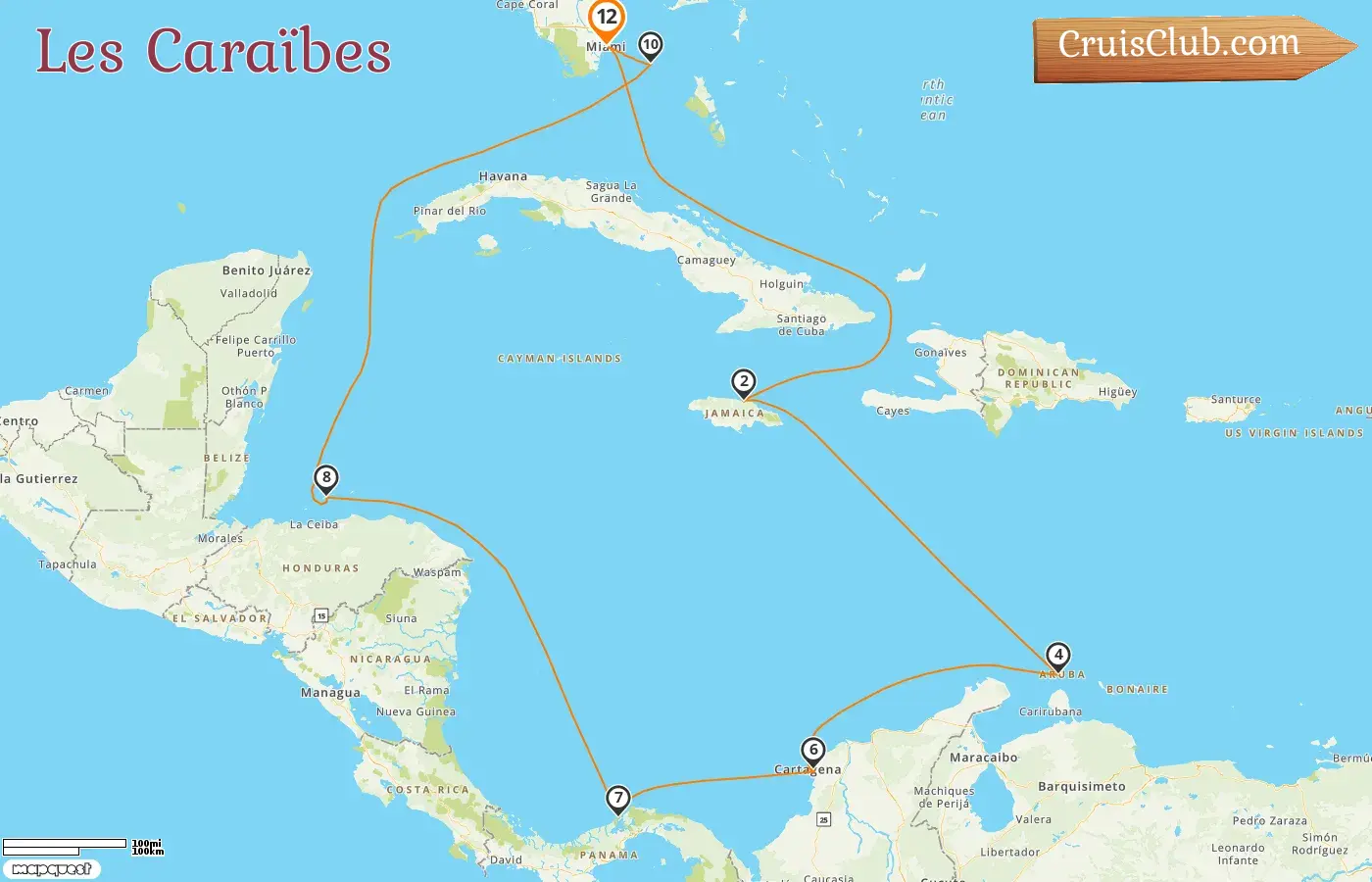 Croisière dans les Caraïbes au départ de Miami à bord du navire MSC Divina avec des visites aux États-Unis, en Jamaïque, à Aruba, en Colombie, au Panama, au Honduras et aux Bahamas pendant 12 jours