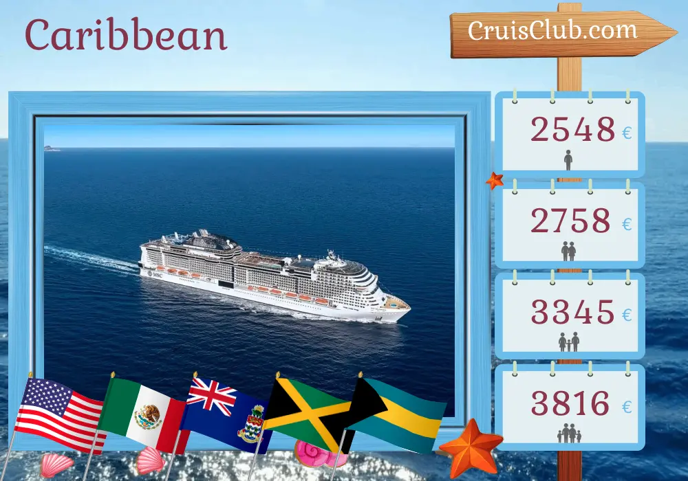 Cruise in the Caribbean from Port Canaveral / Orlando aboard MSC Grandiosa ship with visits to USA, Mexico, Cayman Islands, Jamaica, Bahamas, and Dominican Republic for 15 days