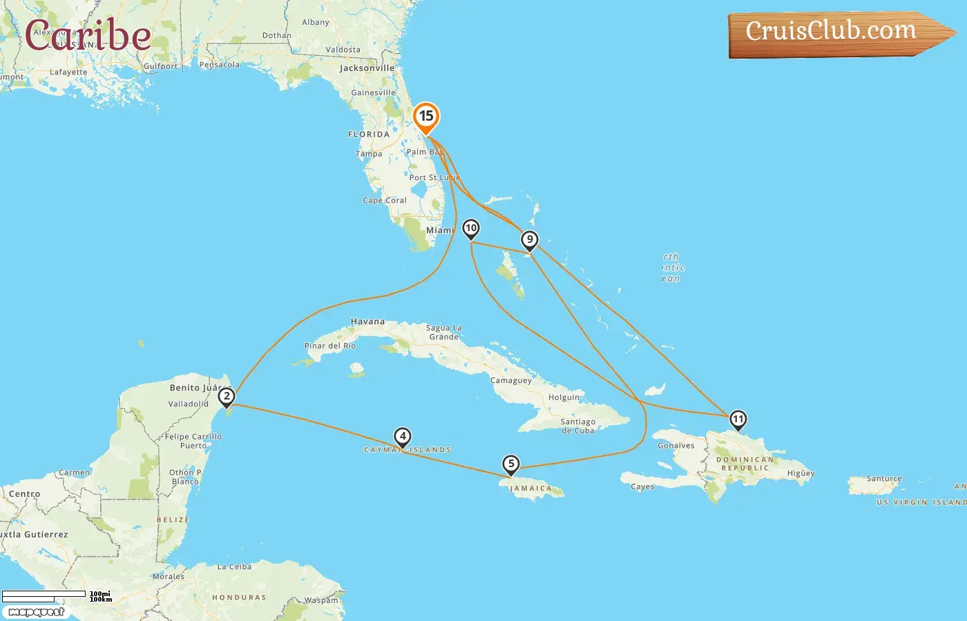 Cruzeiro no Caribe a partir de Port Canaveral / Orlando a bordo do navio MSC Grandiosa com visitas aos EUA, México, Ilhas Cayman, Jamaica, Bahamas e República Dominicana por 15 dias