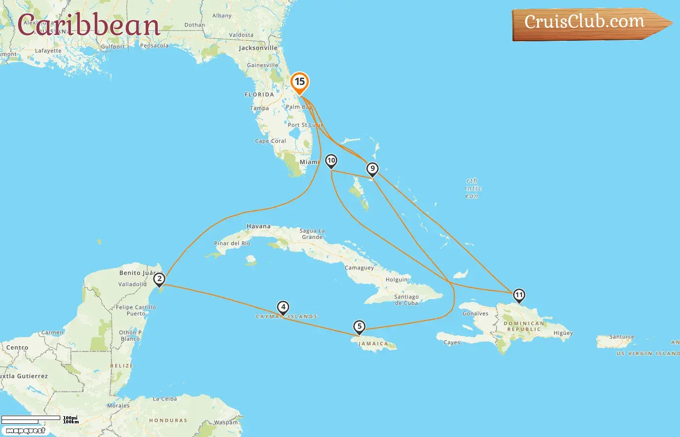 Cruise in the Caribbean from Port Canaveral / Orlando aboard MSC Grandiosa ship with visits to USA, Mexico, Cayman Islands, Jamaica, Bahamas, and Dominican Republic for 15 days