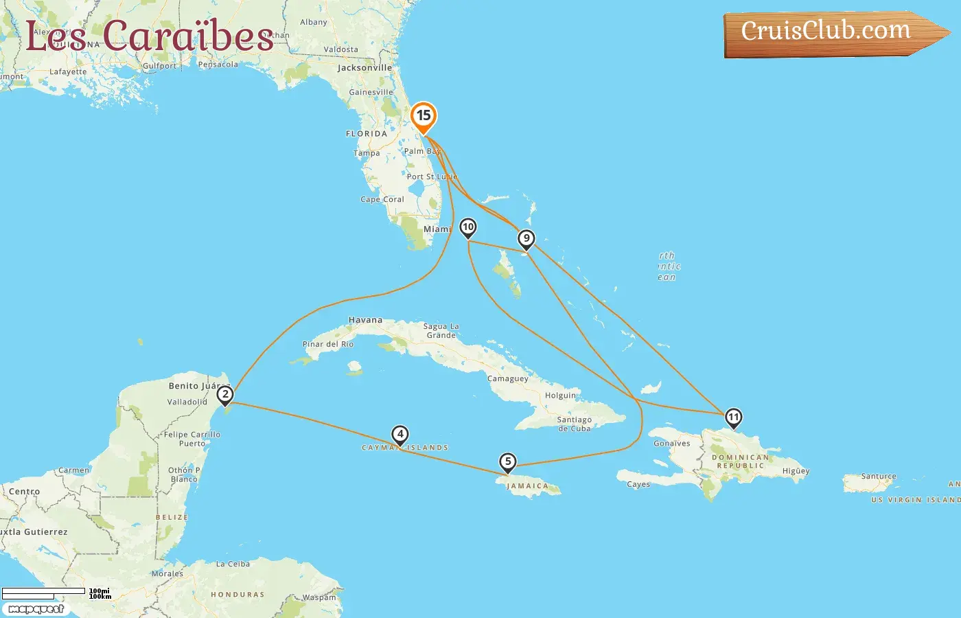 Croisière dans les Caraïbes au départ de Port Canaveral / Orlando à bord du navire MSC Grandiosa avec des arrêts aux États-Unis, au Mexique, aux îles Caïmans, en Jamaïque, aux Bahamas et en République dominicaine pendant 15 jours