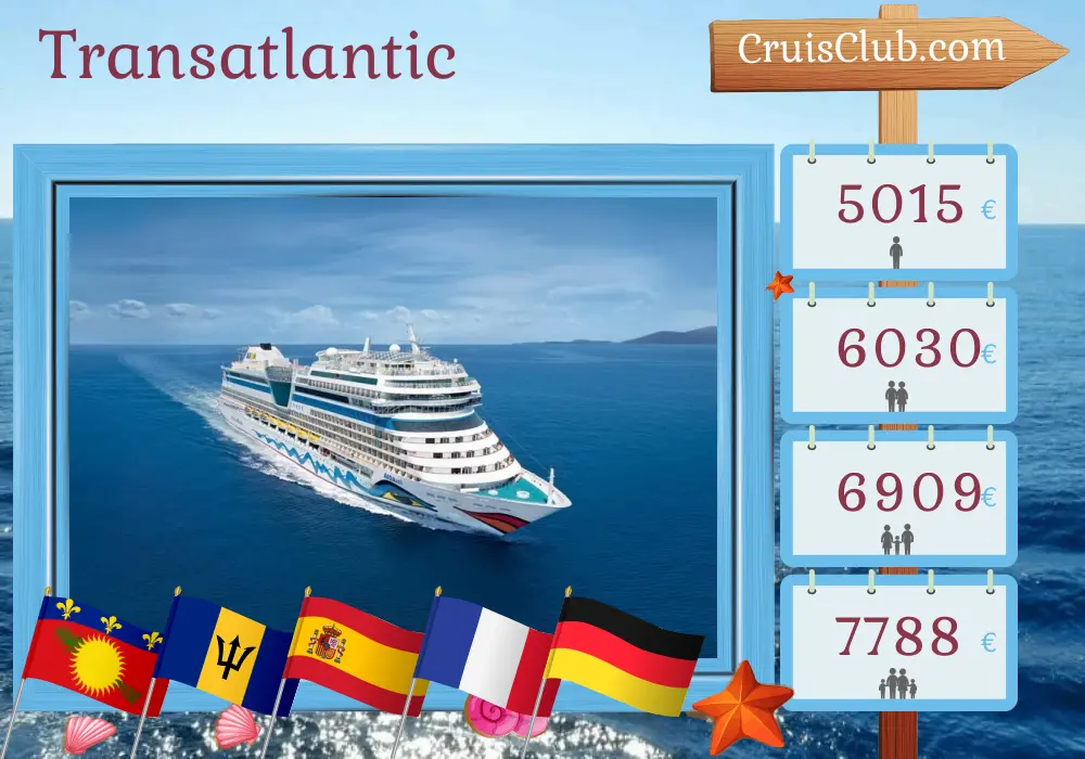 Cruise in the Transatlantic from La Romana to Hamburg aboard AIDAsol ship with visits to Guadeloupe, Saint Vincent and the Grenadines, Barbados, Spain, France, and Germany for 30 days