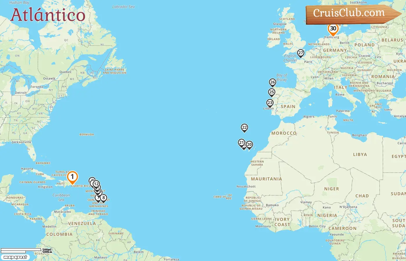 Crucero en el Transatlántico desde La Romana a Hamburgo a bordo del barco AIDAsol con visitas a Guadalupe, San Vicente y las Granadinas, Barbados, España, Francia y Alemania por 30 días
