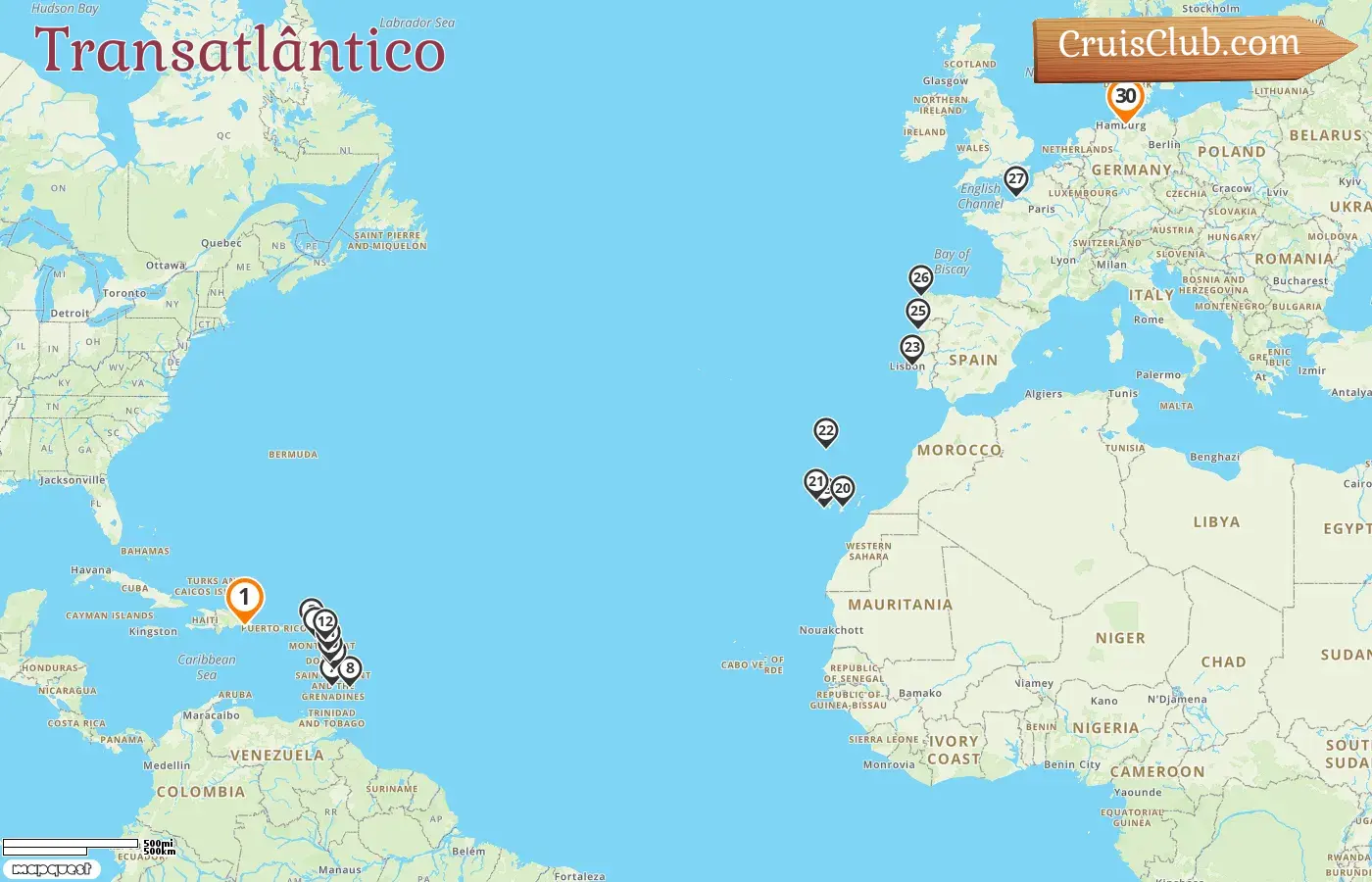 Cruzeiro no Transatlântico de La Romana para Hamburgo a bordo do navio AIDAsol com visitas à Guadalupe, São Vicente e Granadinas, Barbados, Espanha, França e Alemanha por 30 dias