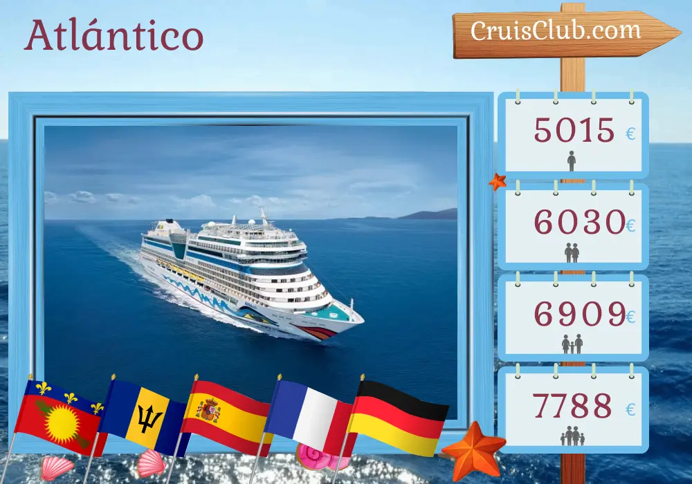 Crucero en el Transatlántico desde La Romana a Hamburgo a bordo del barco AIDAsol con visitas a Guadalupe, San Vicente y las Granadinas, Barbados, España, Francia y Alemania por 30 días