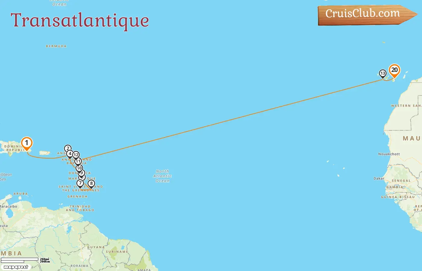 Croisière dans l`Atlantique de La Romana à Las Palmas à bord du navire AIDAsol avec des visites en Guadeloupe, à Saint-Vincent-et-les-Grenadines, à la Barbade et en Espagne pendant 20 jours