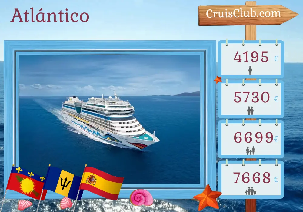 Crucero Transatlántico de La Romana a Las Palmas a bordo del barco AIDAsol con visitas a Guadalupe, San Vicente y las Granadinas, Barbados y España durante 20 días