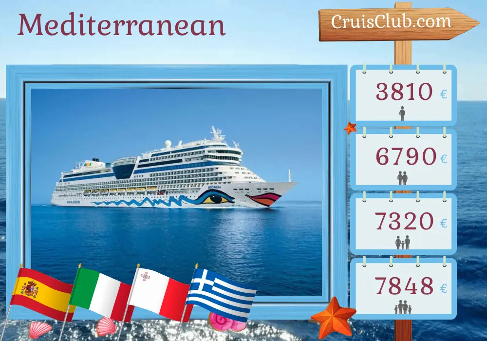 Cruise in the Mediterranean from Palma to Corfu aboard AIDAblu ship with visits to Spain, Italy, Malta, Greece, and Turkey for 17 days