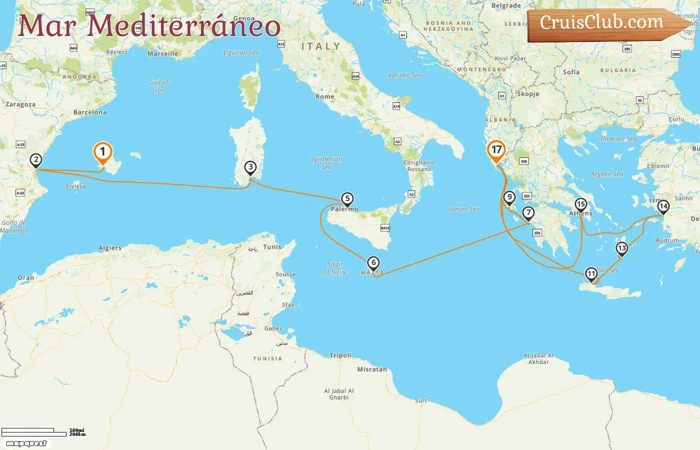 Crucero por el Mediterráneo de Palma a Corfú a bordo del barco AIDAblu con visitas a España, Italia, Malta, Grecia y Turquía durante 17 días