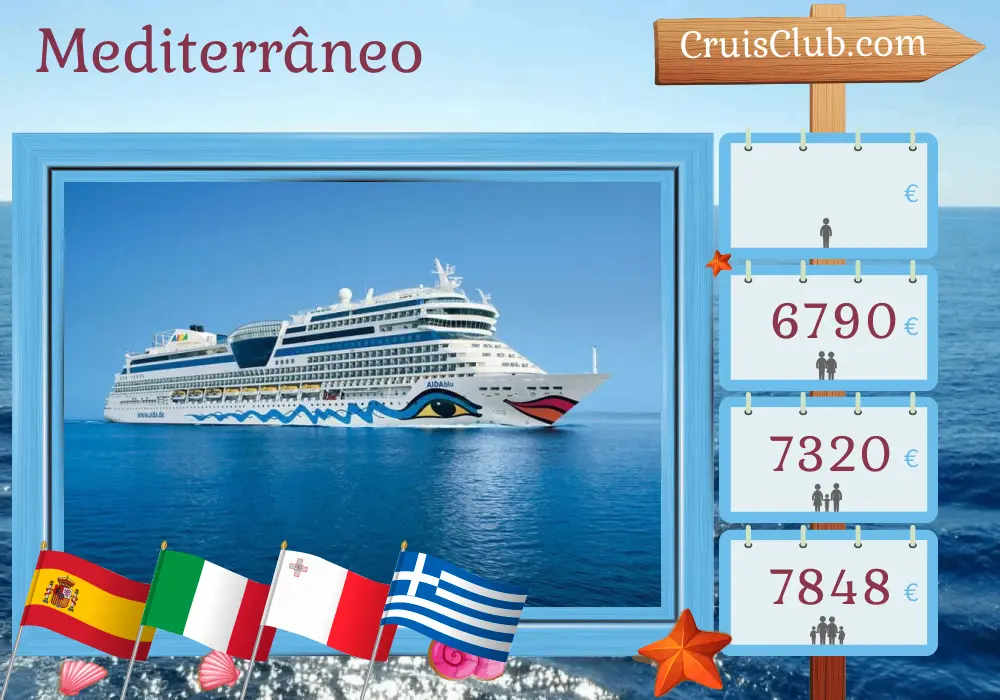Cruzeiro no Mediterrâneo de Palma para Corfu a bordo do navio AIDAblu com visitas à Espanha, Itália, Malta, Grécia e Turquia por 17 dias