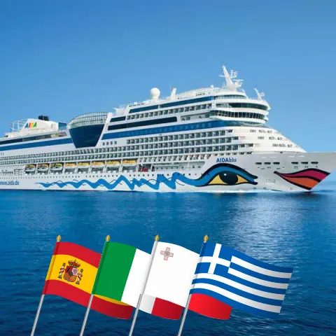 Cruise in the Mediterranean from Palma to Corfu aboard AIDAblu ship with visits to Spain, Italy, Malta, Greece, and Turkey for 17 days