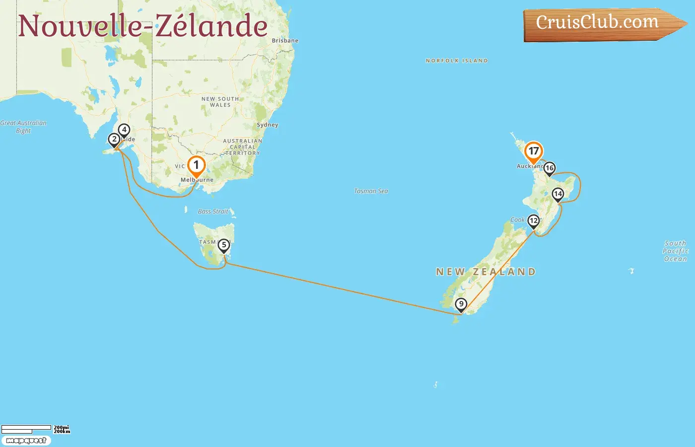 Croisière en Nouvelle-Zélande de Melbourne à Auckland à bord du navire Silver Moon avec visites en Australie et en Nouvelle-Zélande pendant 17 jours