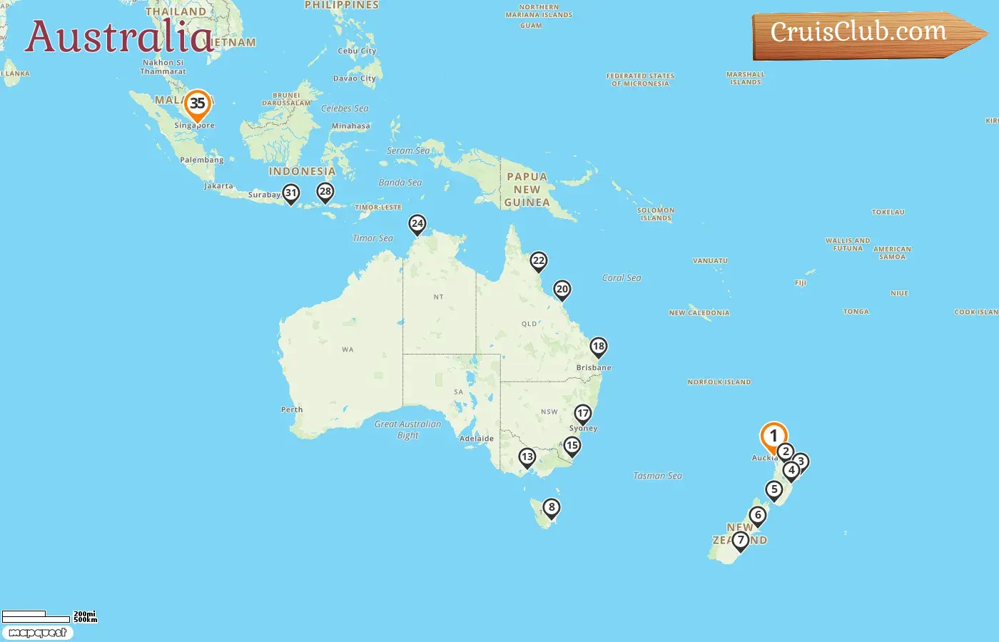 Cruise in the Australia from Auckland to Singapore aboard Silver Nova ship with visits to New Zealand, Australia, Indonesia, and Singapore for 35 days