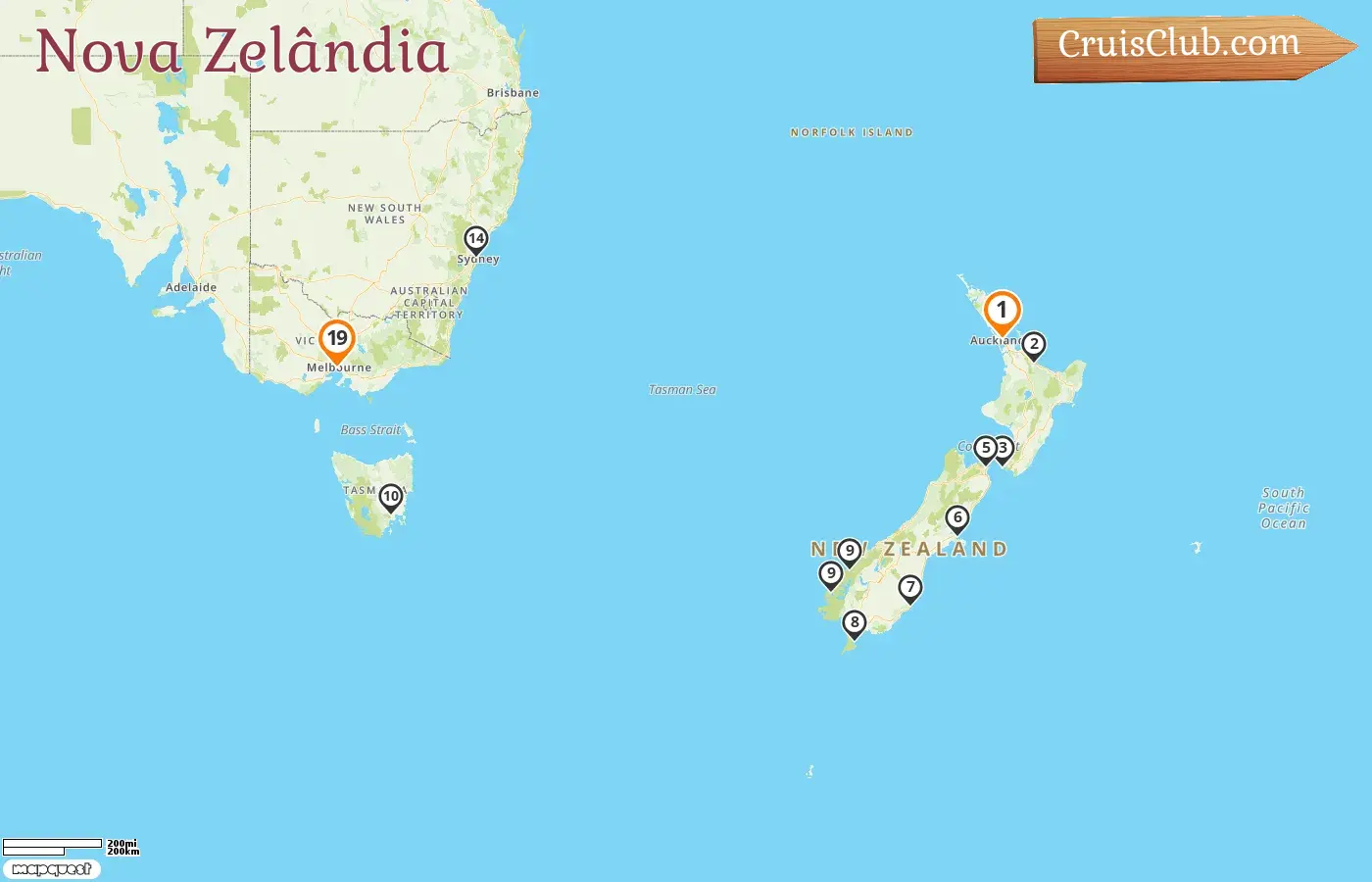 Cruzeiro na Nova Zelândia de Auckland a Melbourne a bordo do navio Silver Moon com visitas à Nova Zelândia e Austrália por 19 dias