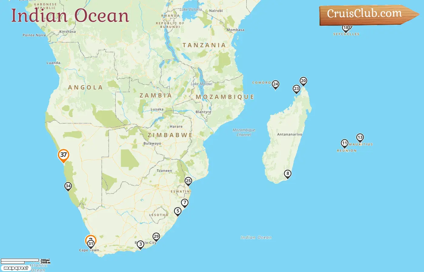 Cruise in the Indian Ocean from Cape Town to Walvis Bay aboard MS Hamburg ship with visits to South Africa, Madagascar, Réunion, Mauritius, Seychelles, Mayotte, Mozambique, and Namibia for 38 days