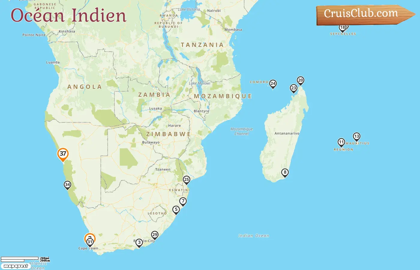 Croisière dans l`océan Indien de Cape Town à Walvis Bay à bord du navire MS Hamburg avec des visites en Afrique du Sud, à Madagascar, à La Réunion, à l`île Maurice, aux Seychelles, à Mayotte, au Mozambique et en Namibie pendant 38 jours
