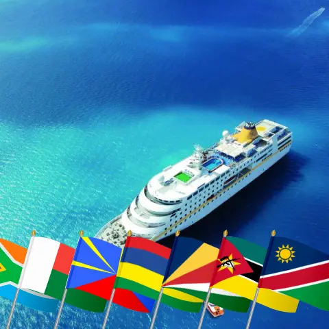 Cruise in the Indian Ocean from Cape Town to Walvis Bay aboard MS Hamburg ship with visits to South Africa, Madagascar, Réunion, Mauritius, Seychelles, Mayotte, Mozambique, and Namibia for 38 days