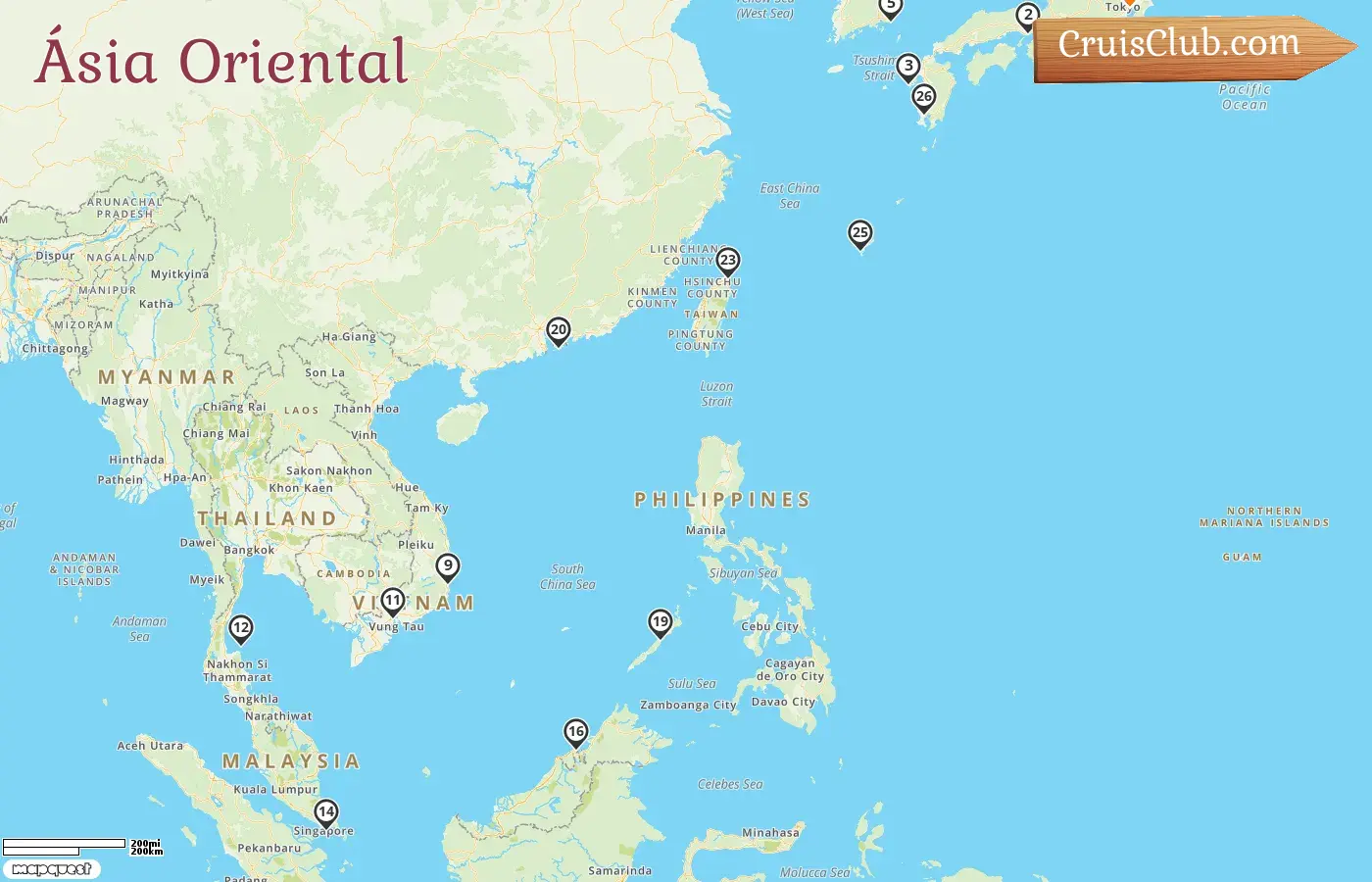 Cruzeiro no Leste Asiático saindo de Tóquio a bordo do navio Costa Serena com visitas ao Japão, Coreia do Sul, Hong Kong, Vietnã, Tailândia, Cingapura, Brunei Darussalam, Filipinas e Taiwan por 29 dias