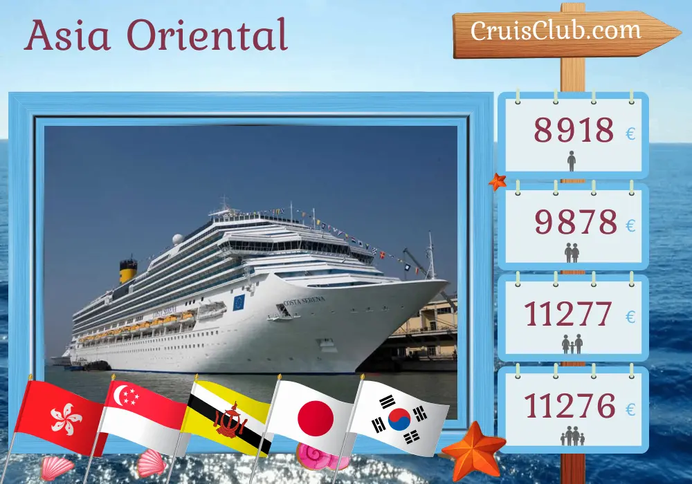 Crucero por Asia Oriental desde Hong Kong a bordo del barco Costa Serena con visitas a Hong Kong, Vietnam, Tailandia, Singapur, Brunéi Darussalam, Filipinas, Taiwán, Japón y Corea del Sur durante 29 días