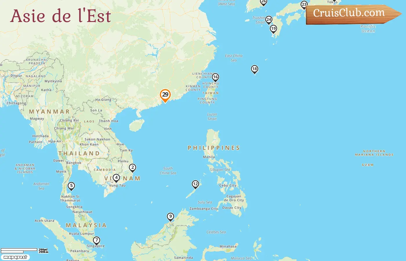 Croisière en Asie de l`Est au départ de Hong Kong à bord du navire Costa Serena avec des visites à Hong Kong, au Vietnam, en Thaïlande, à Singapour, au Brunei, aux Philippines, à Taiwan, au Japon et en Corée du Sud pendant 29 jours