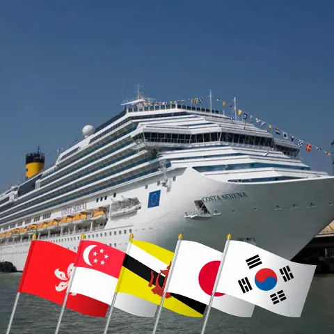 Cruise in the East Asia from Hong Kong aboard Costa Serena ship with visits to Hong Kong, Viet Nam, Thailand, Singapore, Brunei Darussalam, Philippines, Taiwan, Japan, and South Korea for 29 days