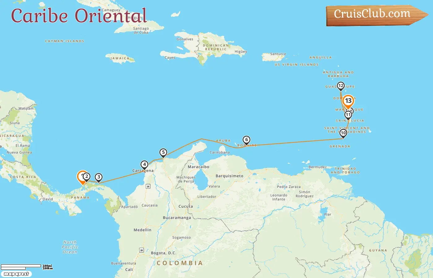 Cruzeiro no Caribe Oriental de Cristóvão para Fort-de-France a bordo do navio Le Champlain com visitas ao Panamá, Colômbia, São Vicente e Granadinas, Santa Lúcia e Guadalupe por 13 dias