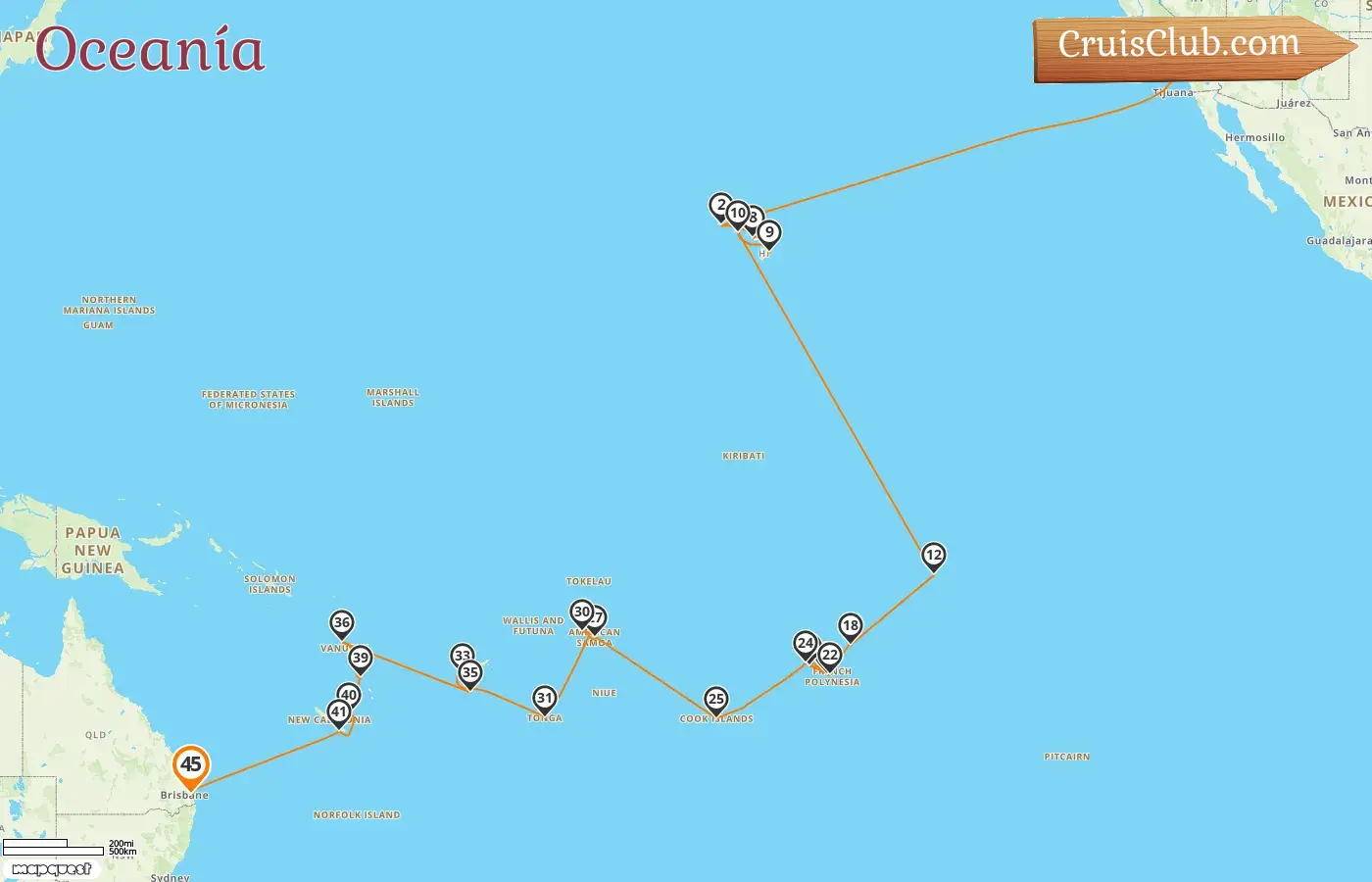 Crucero por el Pacífico Sur de Los Ángeles a Brisbane a bordo del barco Silver Dawn con visitas a EE. UU., Polinesia Francesa, Islas Cook, Samoa, Tonga, Fiyi, Vanuatu, Nueva Caledonia y Australia durante 45 días