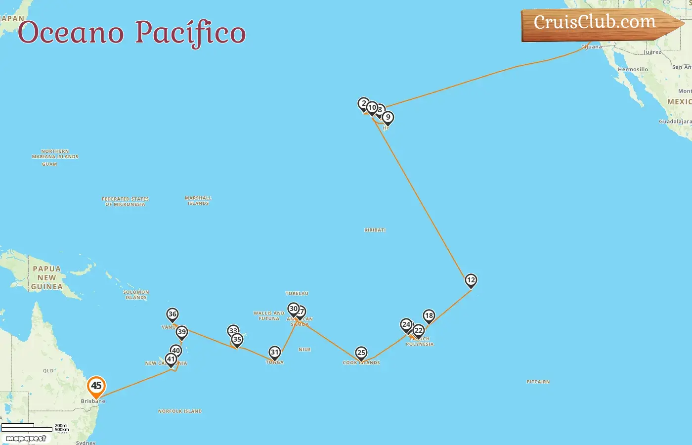 Cruzeiro no Sul do Pacífico de Los Angeles a Brisbane a bordo do navio Silver Dawn, com visitas aos EUA, Polinésia Francesa, Ilhas Cook, Samoa, Tonga, Fiji, Vanuatu, Nova Caledônia e Austrália por 45 dias