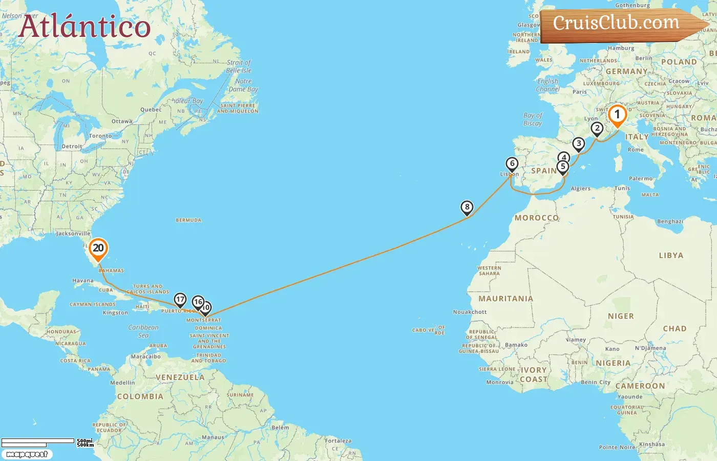 Crucero en el Transatlántico de Génova a Miami a bordo del barco MSC Divina con visitas a Italia, Francia, España, Puerto Rico y Estados Unidos por 20 días
