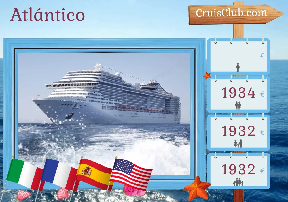 Crucero en el Transatlántico de Génova a Miami a bordo del barco MSC Divina con visitas a Italia, Francia, España, Puerto Rico y Estados Unidos por 20 días