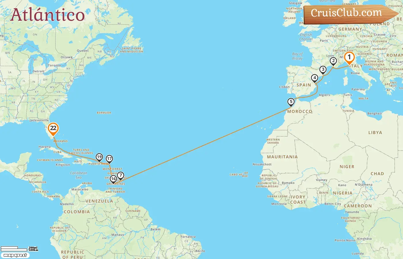 Crucero por el Atlántico desde Livorno hasta Miami a bordo del barco MSC Seaside con visitas a Italia, Francia, España, Marruecos, Barbados, Granada, Puerto Rico y Estados Unidos durante 22 días