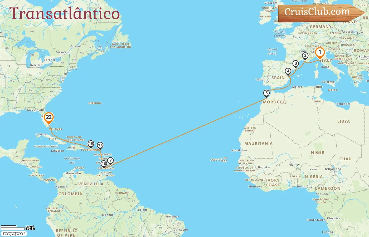 Cruzeiro no Transatlântico de Livorno para Miami a bordo do navio MSC Seaside com visitas à Itália, França, Espanha, Marrocos, Barbados, Granada, Porto Rico e EUA por 22 dias