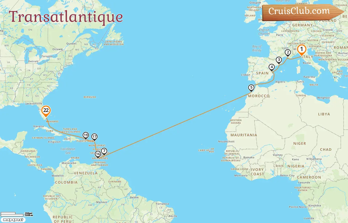 Croisière transatlantique de Livourne à Miami à bord du MSC Seaside avec des visites en Italie, en France, en Espagne, au Maroc, à la Barbade, à la Grenade, à Porto Rico et aux États-Unis pendant 22 jours