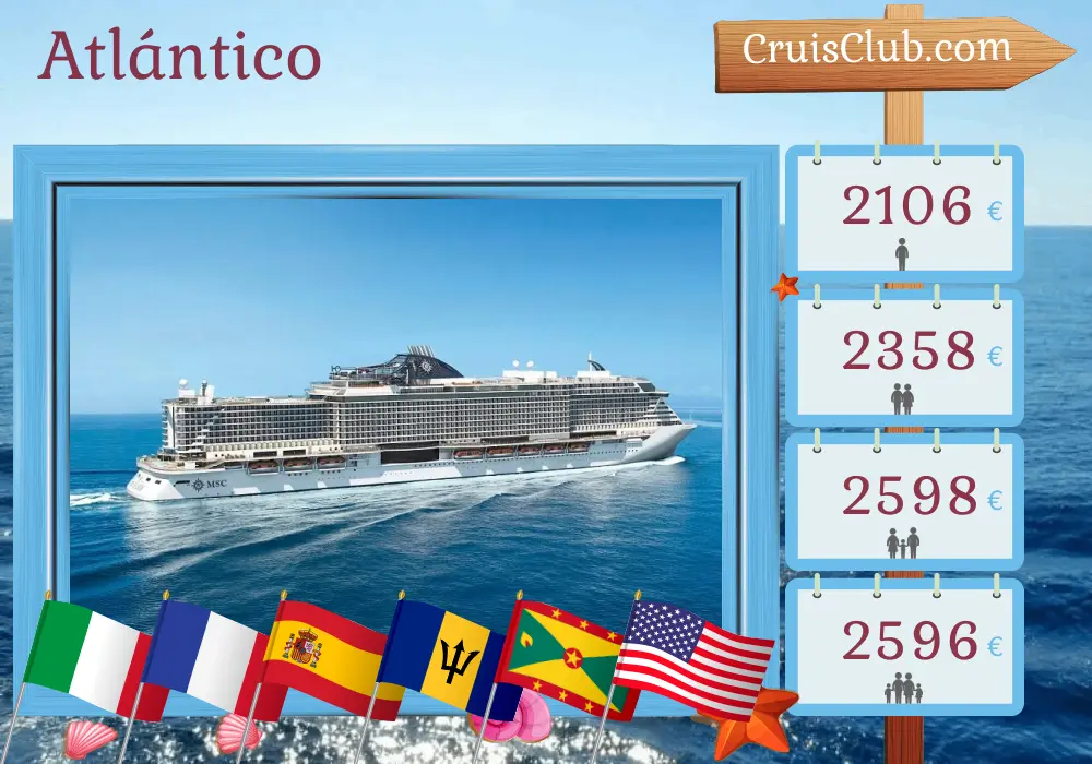 Crucero por el Atlántico desde Livorno hasta Miami a bordo del barco MSC Seaside con visitas a Italia, Francia, España, Marruecos, Barbados, Granada, Puerto Rico y Estados Unidos durante 22 días