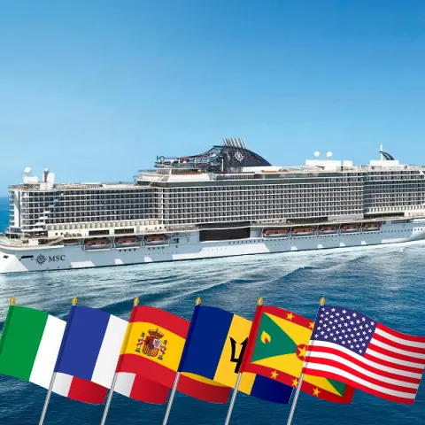 Cruise in the Transatlantic from Livorno to Miami aboard MSC Seaside ship with visits to Italy, France, Spain, Morocco, Barbados, Grenada, Puerto Rico, and USA for 22 days