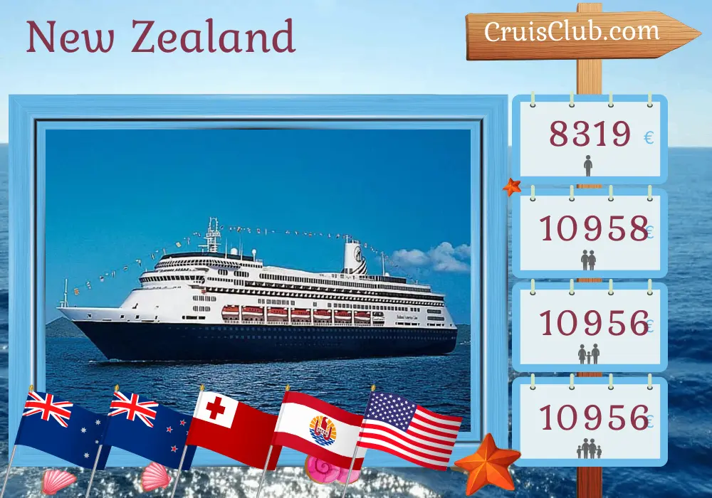 Cruise in the New Zealand from Sydney to San Diego aboard Zaandam ship with visits to Australia, New Zealand, Tonga, French Polynesia, and USA for 34 days