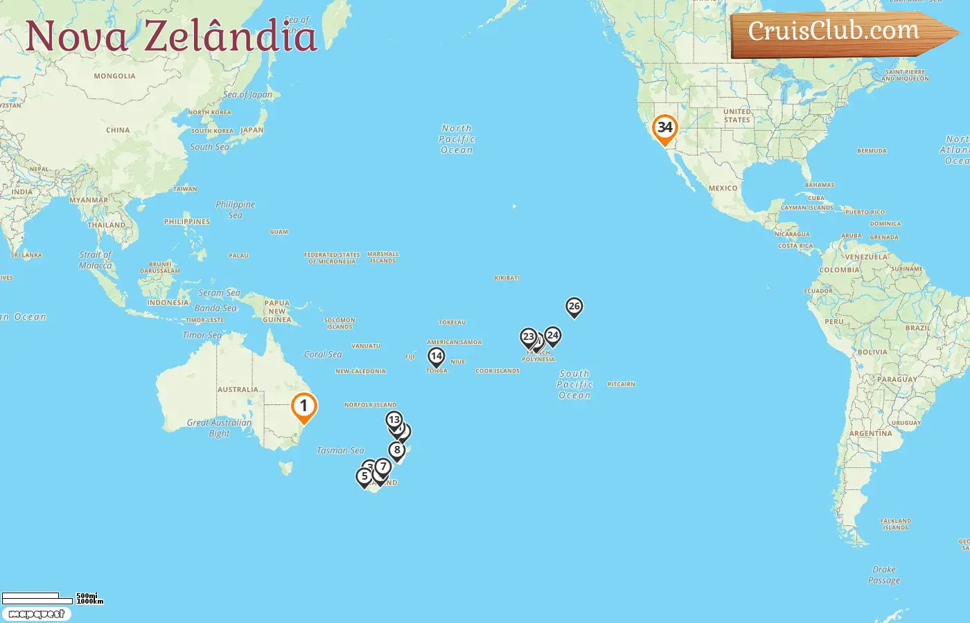 Cruzeiro da Nova Zelândia de Sydney a San Diego a bordo do navio Zaandam com visitas à Austrália, Nova Zelândia, Tonga, Polinésia Francesa e EUA por 34 dias