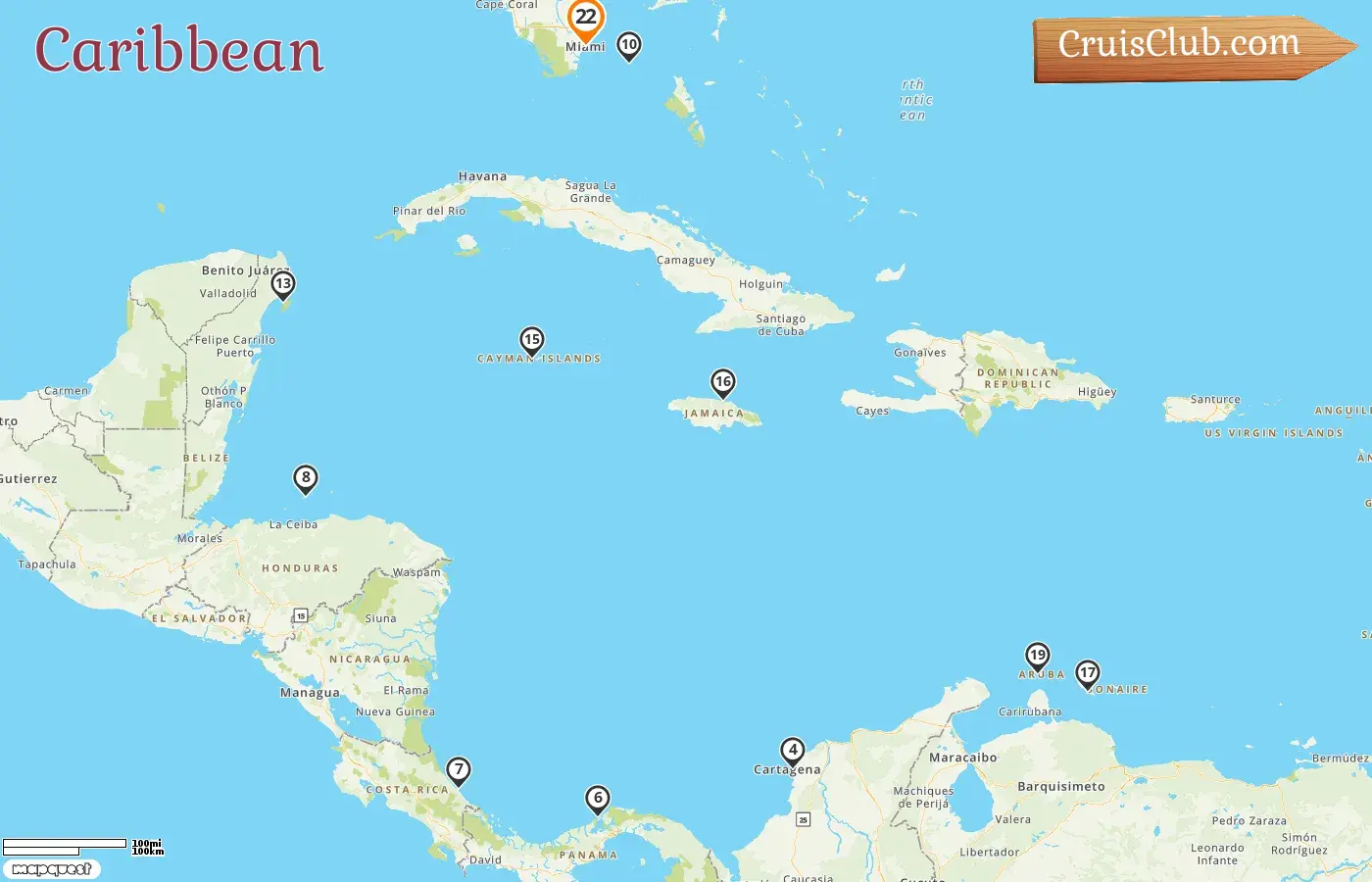 Cruise in the Caribbean from Miami aboard MSC Divina ship with visits to USA, Jamaica, Colombia, Panama, Costa Rica, Honduras, Bahamas, Mexico, Cayman Islands, Curaçao, and Aruba for 22 days