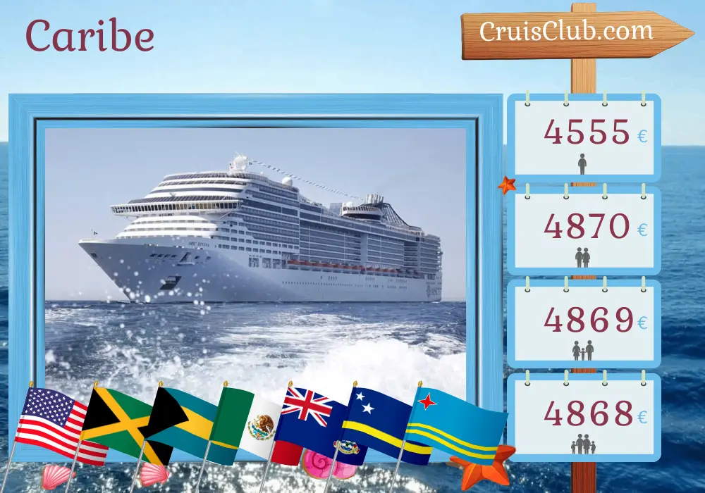 Crucero por el Caribe desde Miami a bordo del barco MSC Divina con visitas a EE. UU., Jamaica, Colombia, Panamá, Costa Rica, Honduras, Bahamas, México, Islas Caimán, Curazao y Aruba durante 22 días