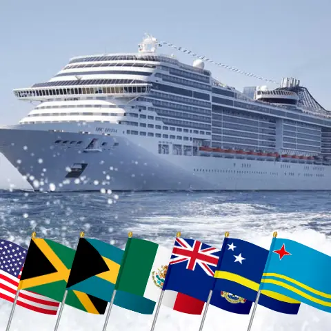Cruise in the Caribbean from Miami aboard MSC Divina ship with visits to USA, Jamaica, Colombia, Panama, Costa Rica, Honduras, Bahamas, Mexico, Cayman Islands, Curaçao, and Aruba for 22 days