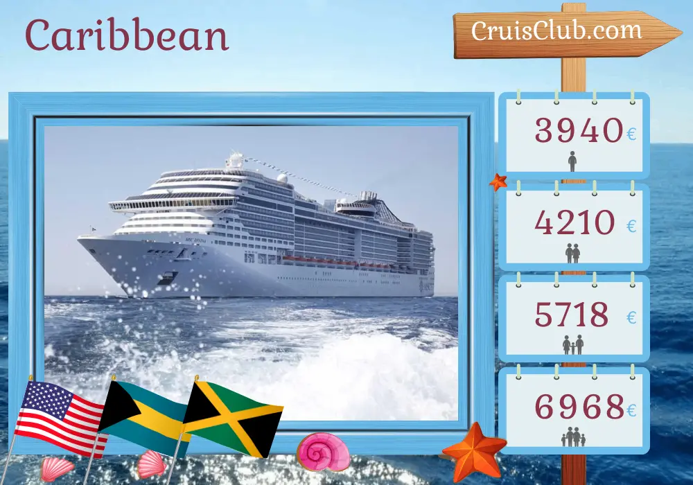 Cruise in the Caribbean from Miami aboard MSC Divina ship with visits to USA, Dominican Republic, Bahamas, Jamaica, Colombia, Panama, Costa Rica, and Honduras for 19 days