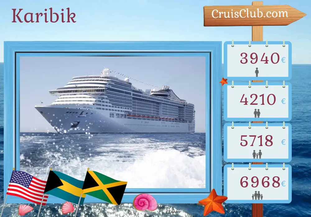 Kreuzfahrt in der Karibik ab Miami an Bord des MSC Divina-Schiffs mit Stopps in den USA, der Dominikanischen Republik, den Bahamas, Jamaika, Kolumbien, Panama, Costa Rica und Honduras für 19 Tage