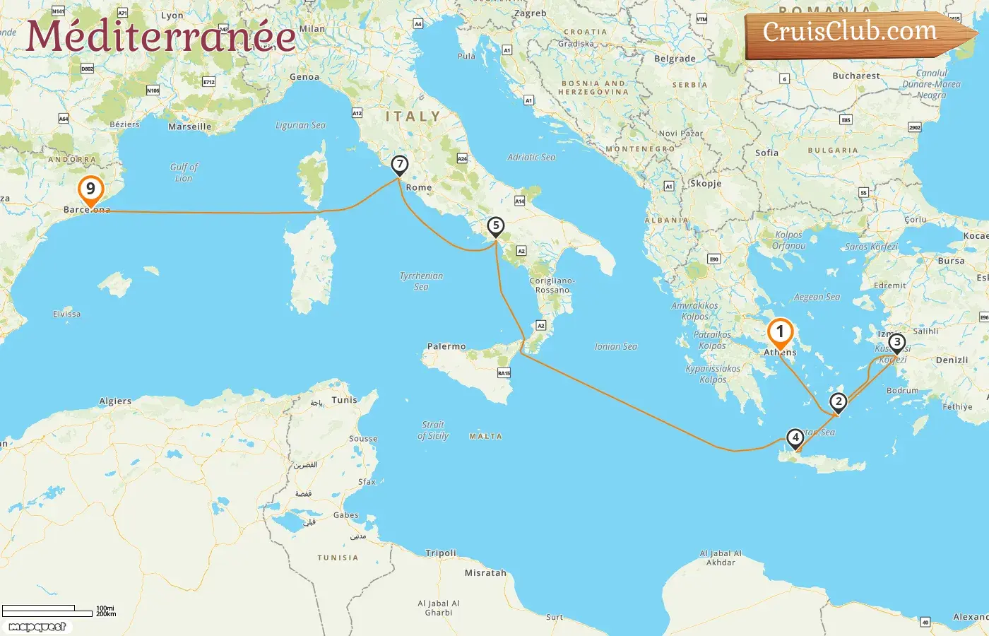 Croisière en Méditerranée de Pirée à Barcelone à bord du navire Rhapsody of the Seas avec des visites en Grèce, en Turquie, en Italie et en Espagne pendant 9 jours