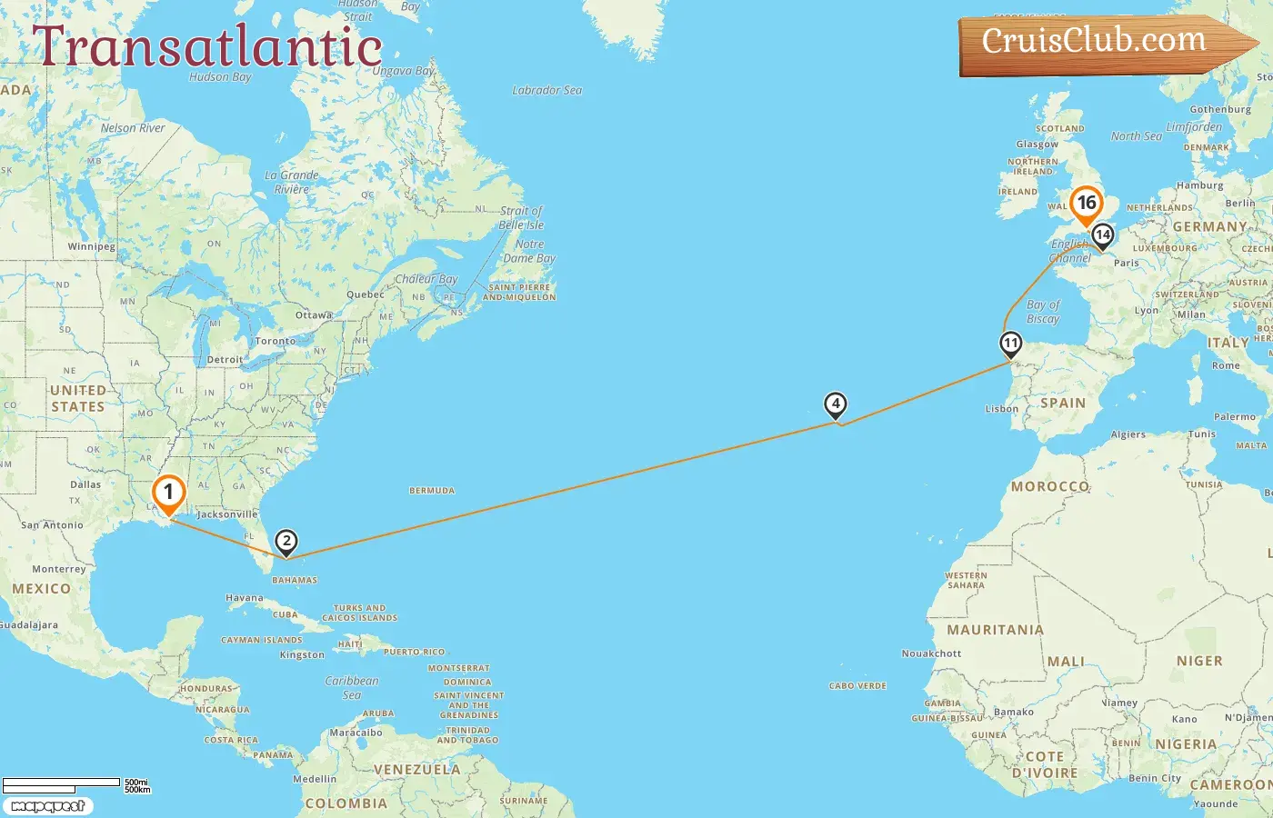 Cruise in the Transatlantic from New Orleans to Southampton aboard Mariner of the Seas ship with visits to USA, Bahamas, Portugal, Spain, and France for 16 days