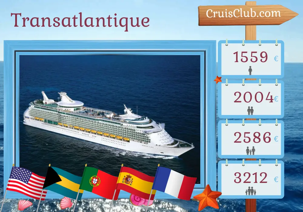 Croisière sur l`Atlantique à bord du navire Mariner of the Seas de la Nouvelle-Orléans à Southampton avec des visites aux États-Unis, aux Bahamas, au Portugal, en Espagne et en France pendant 16 jours