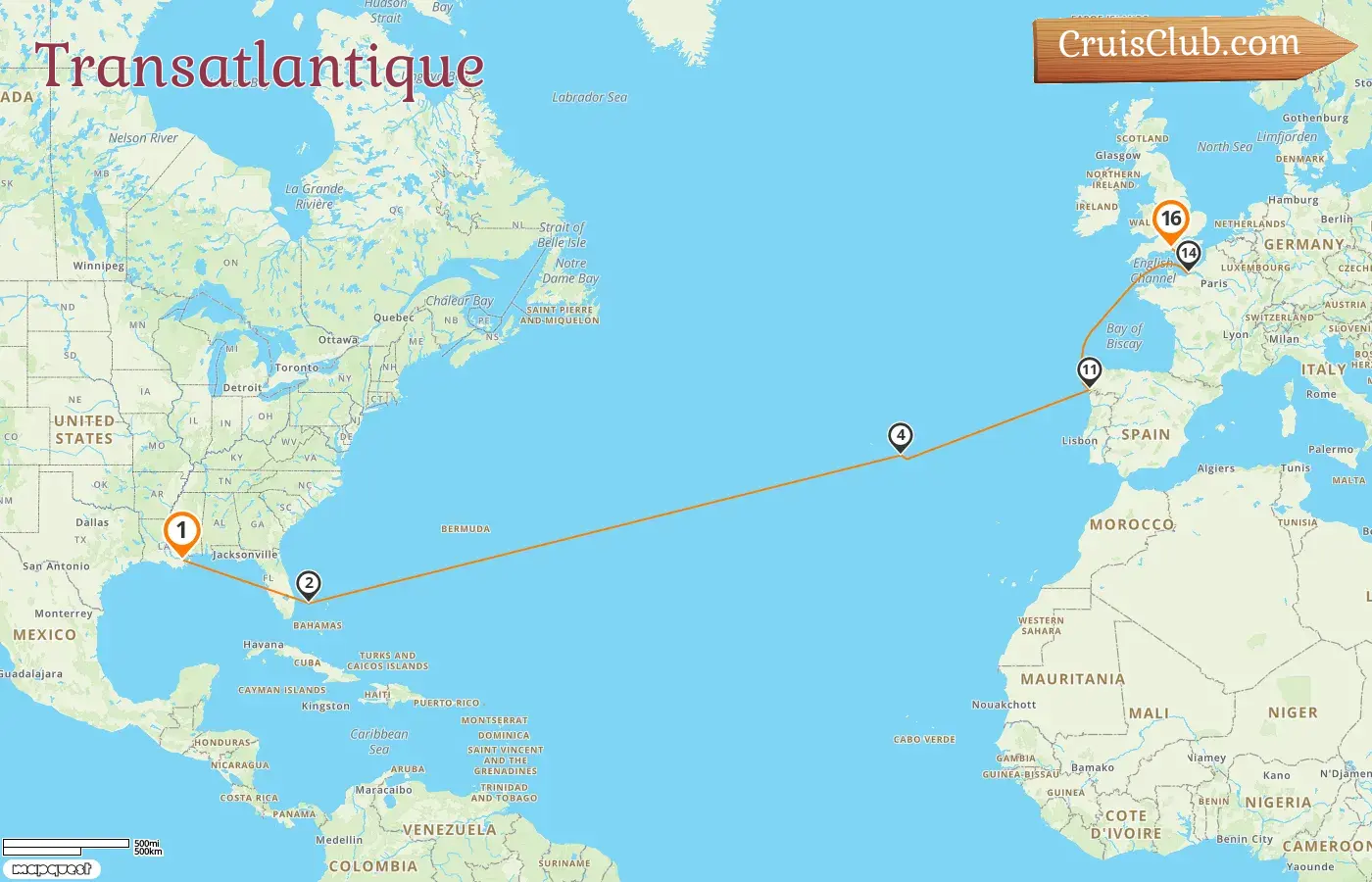 Croisière sur l`Atlantique à bord du navire Mariner of the Seas de la Nouvelle-Orléans à Southampton avec des visites aux États-Unis, aux Bahamas, au Portugal, en Espagne et en France pendant 16 jours