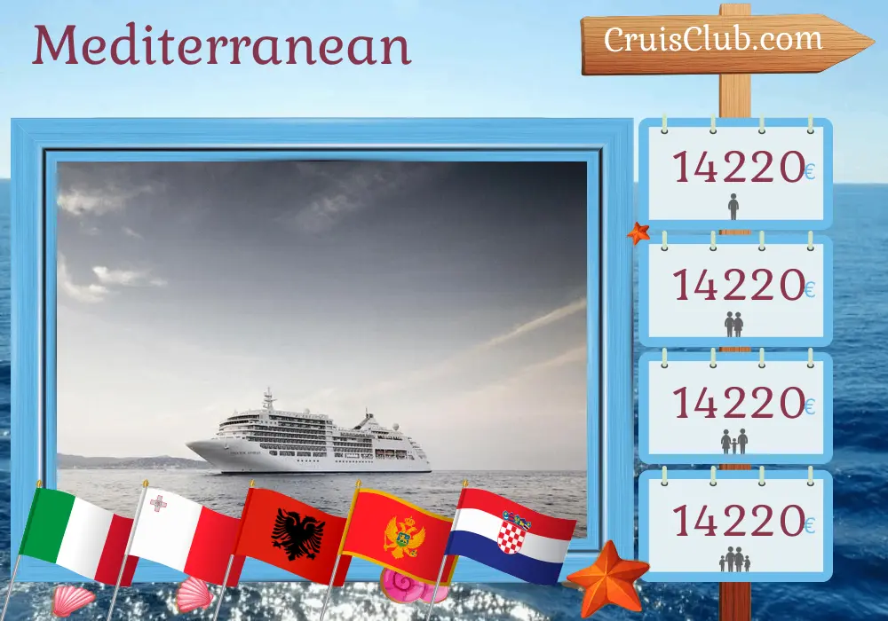 Cruise in the Mediterranean from Civitavecchia to Venice aboard Silver Spirit ship with visits to Italy, Malta, Albania, Montenegro, and Croatia for 13 days